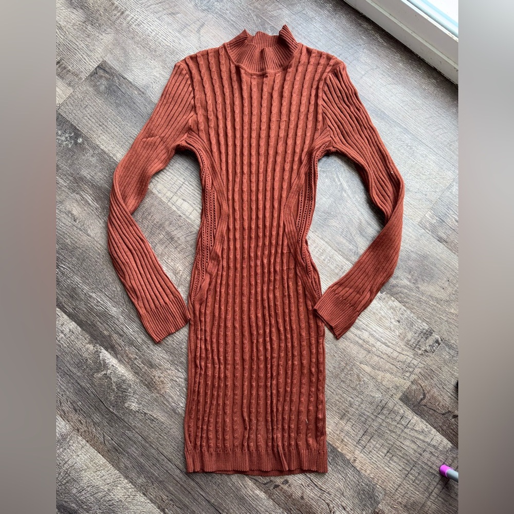 Burnt Orange Ribbed Knit Dress